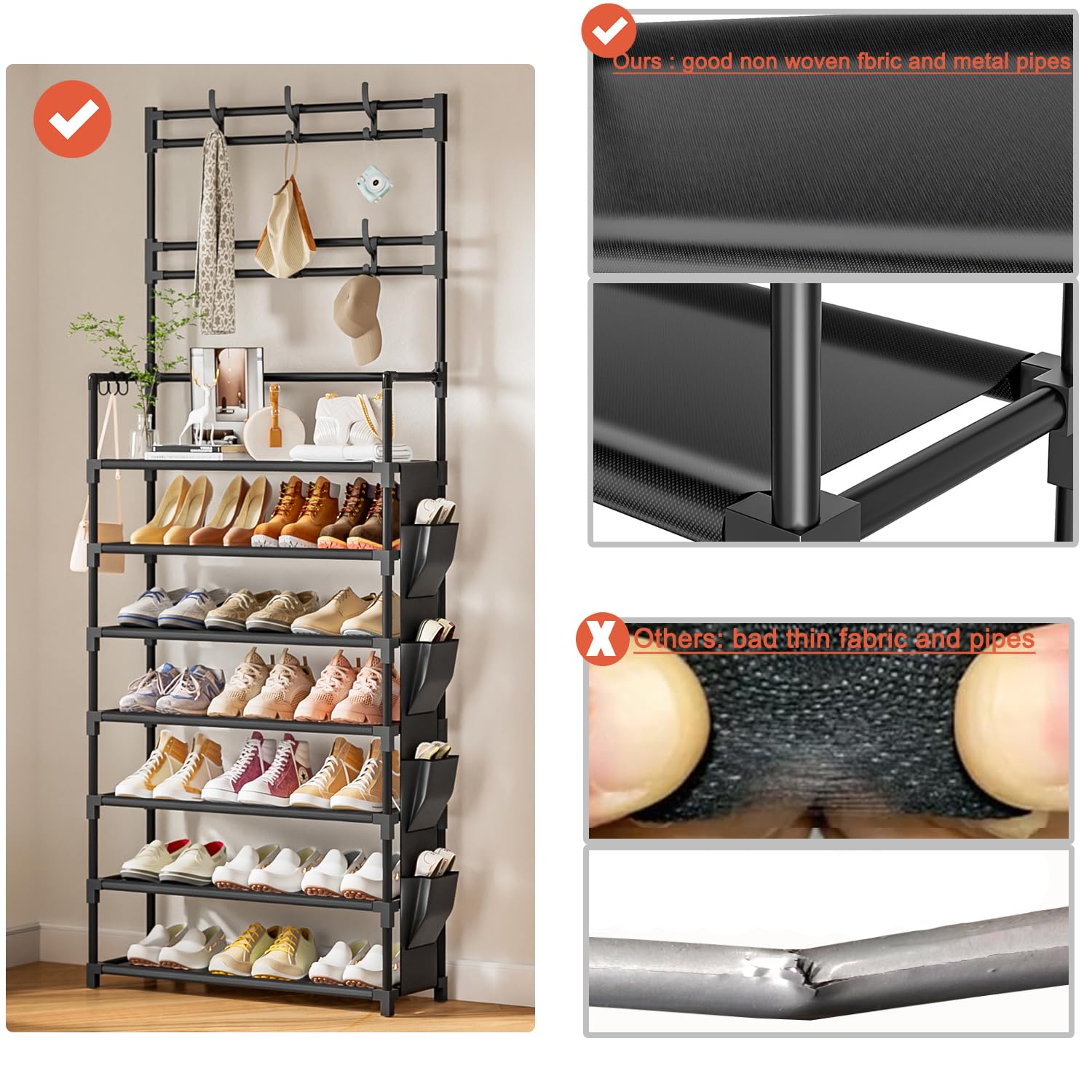 Shoe Rack 7 Tier Organizer Storage 21-28 Pairs Closet Shoes For Front Door Entrance With Hooks Side Pocket Entryway Large Capacity Shelf Tower Garage