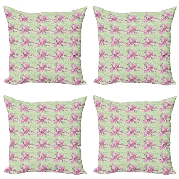 Floral Throw Pillow Cushion Case Pack of 4, Illustration of Outline and Pinkish Designed Flowers Blooming, Modern Accent Double-Sided Print, 4 Sizes, Pink Baby Pink, by Ambesonne