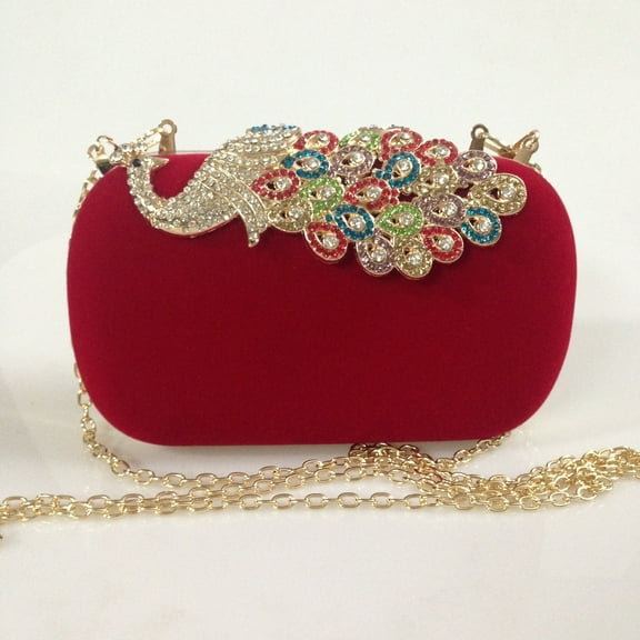 Red Velvet Evening Bag Rhinestone Peacock Buckle Clutches Purse