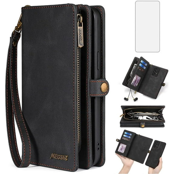 Phone Case for Samsung Galaxy A53 5G Zipper Wallet Detachable Cover with Tempered Glass Screen Protector and Flip Card Holder Cell Accessories A 53 G5 53A SM A536U 6.5" 2022 Women Men Black