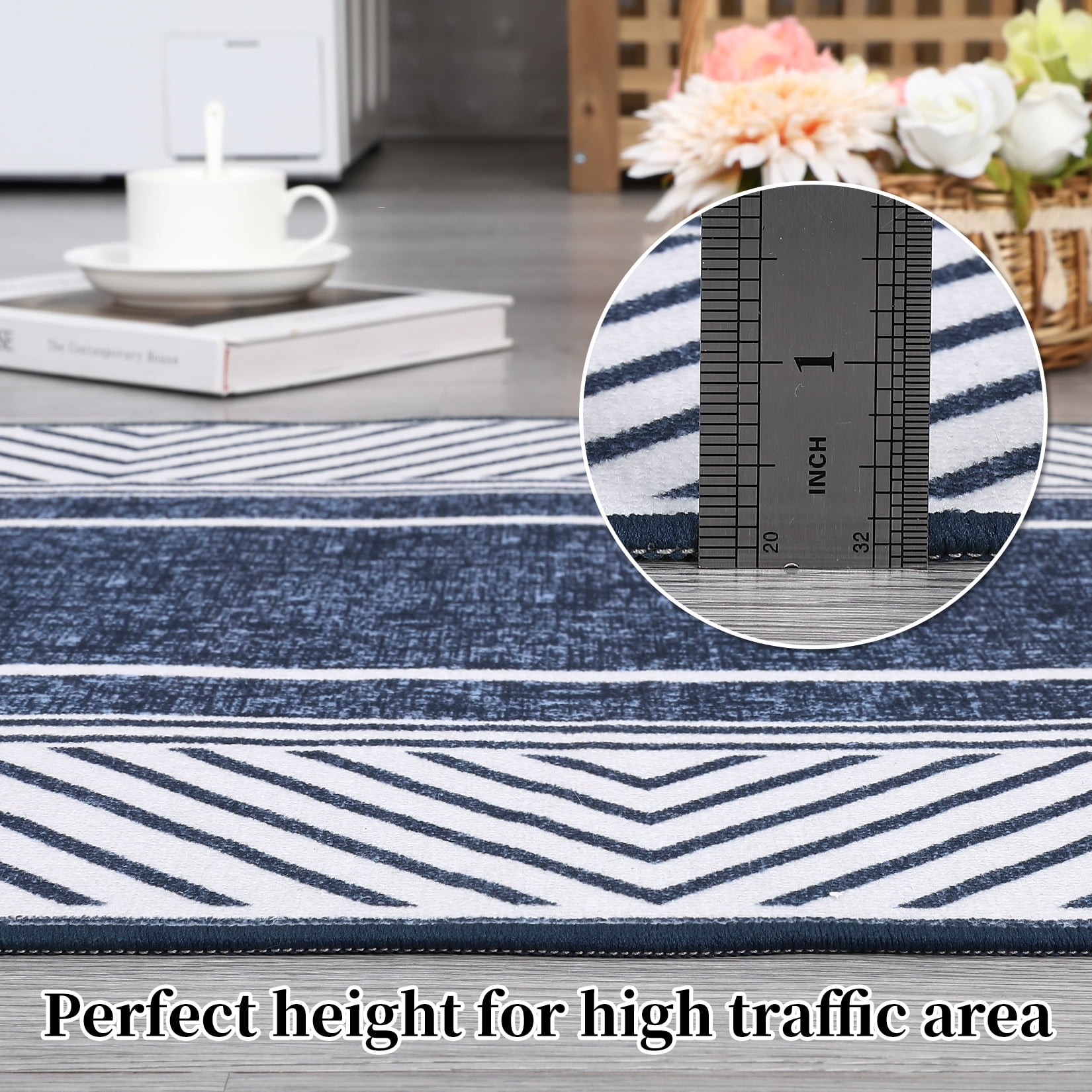 HOMERRY Washable Area Rug 9' x 12' Rug for Living Room Geometric bordered Pattern Carpet, Blue