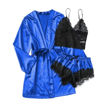 ASFGIMUJ Women  Silk Satin Pajamas Set 3Pcs Lingerie Floral Lace Sleepwear With Robe Size XL