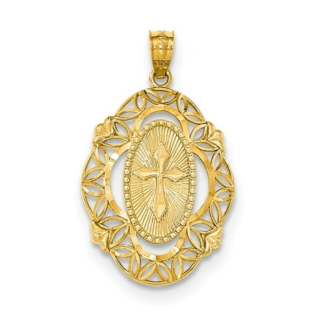 14k Yellow Gold w/Rhodium Polished Cross Medal Pendant