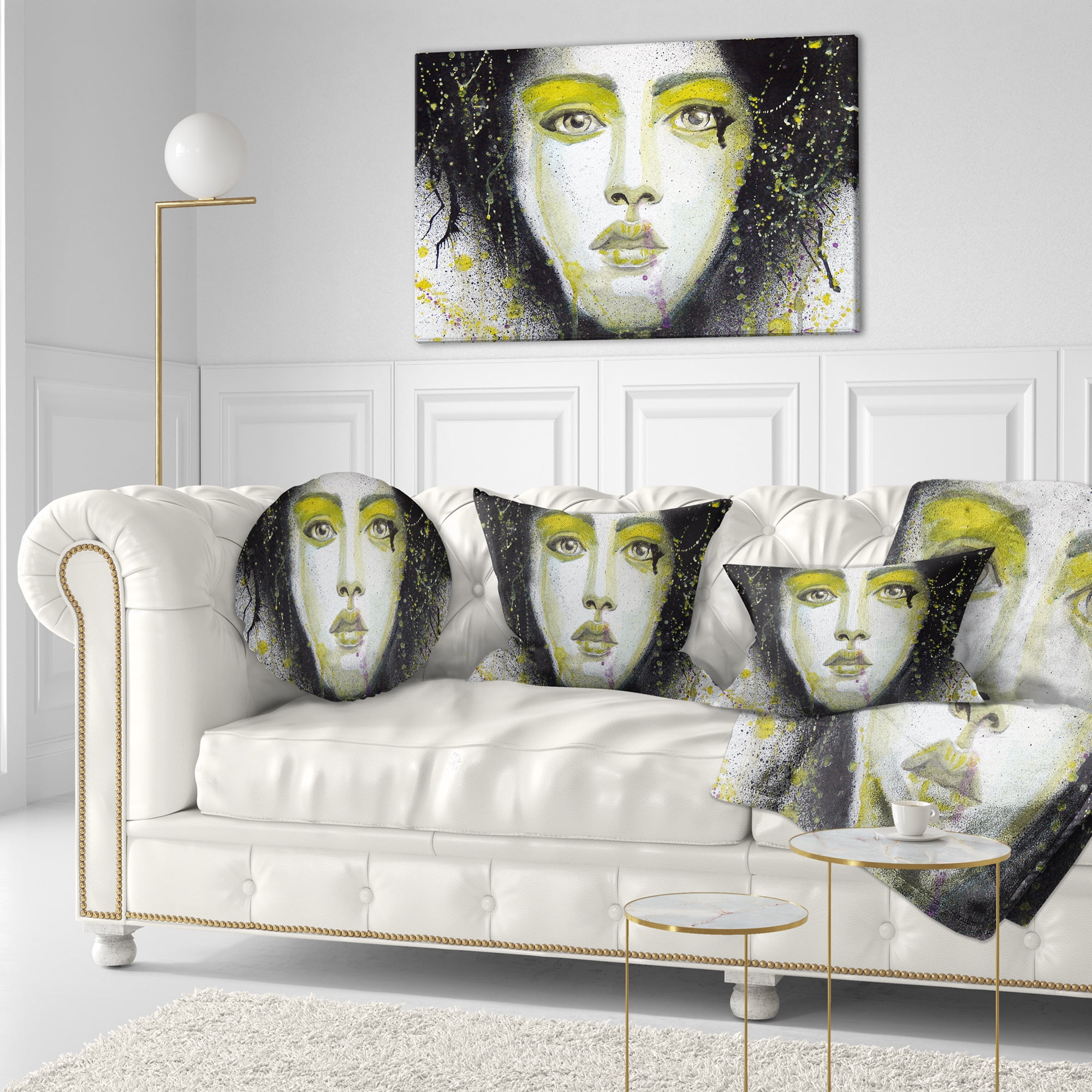 Designart Girl with Yellow Eye line Large - Abstract Portrait Throw Pillow - 12x20