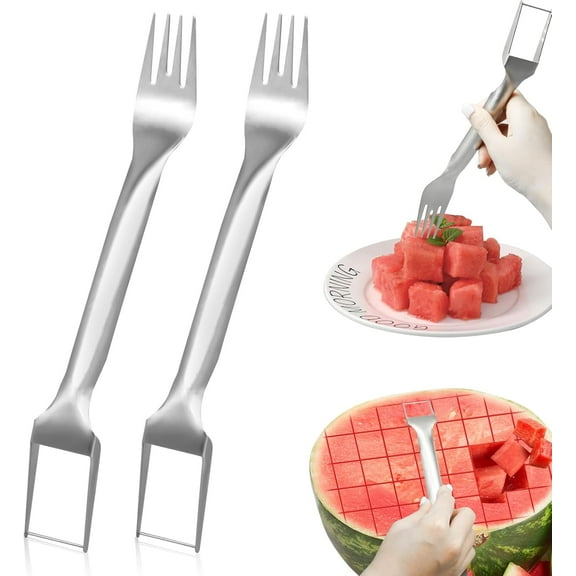 2-Pack Stainless Steel Watermelon Slicer & Fork , 2-in-1 Fruit Cutting Tool for Home, Parties & Camping ,  Kitchen Gadget & Portable Picnic Accessory
