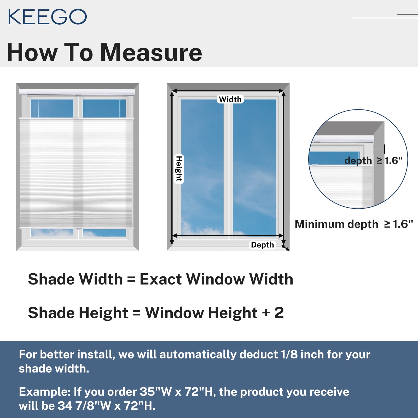 Keego No Drill Top Down Bottom Up Cellular Shades for Windows Blackout Cordless Blind Window Shades No Tool Honeycomb Blinds Shades for Home, Easy To Install, White, 49"W x 56"H