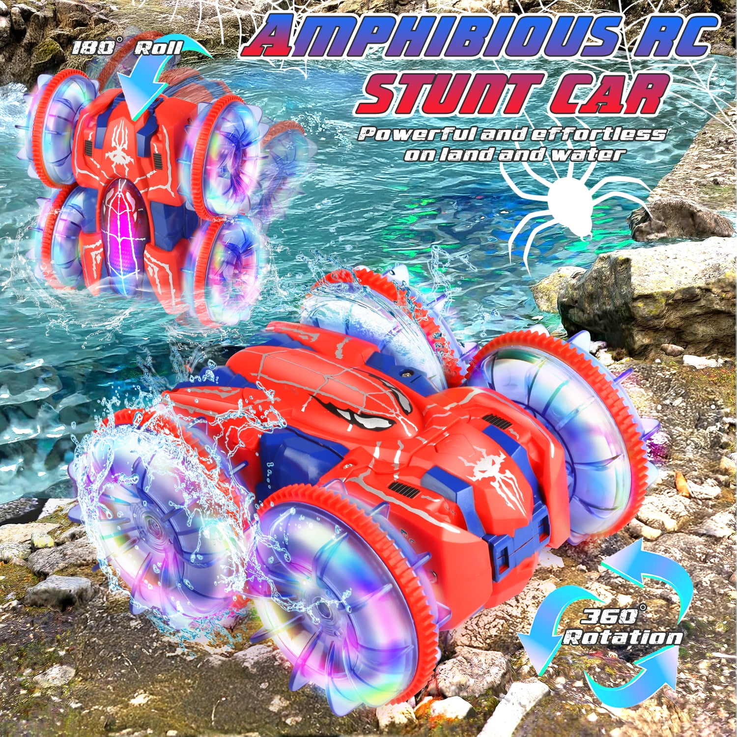 Huge Wave Amphibious RC Stunt Car for Boys, 2.4GHz 4WD Double-Sided Drift Car, Dual Gesture & Controller Control, LED Light Spider Design Vehicle Toy,Christmas Toys Gift for Kids Aged 6-12