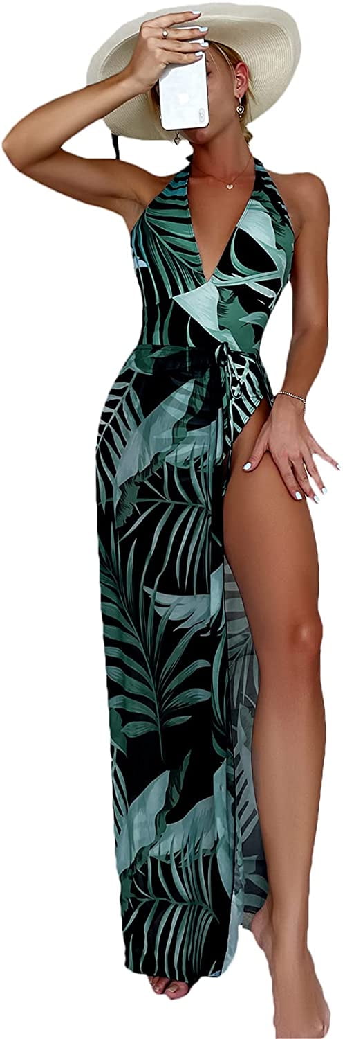 Women's One Piece Halter Swimsuit Plant 