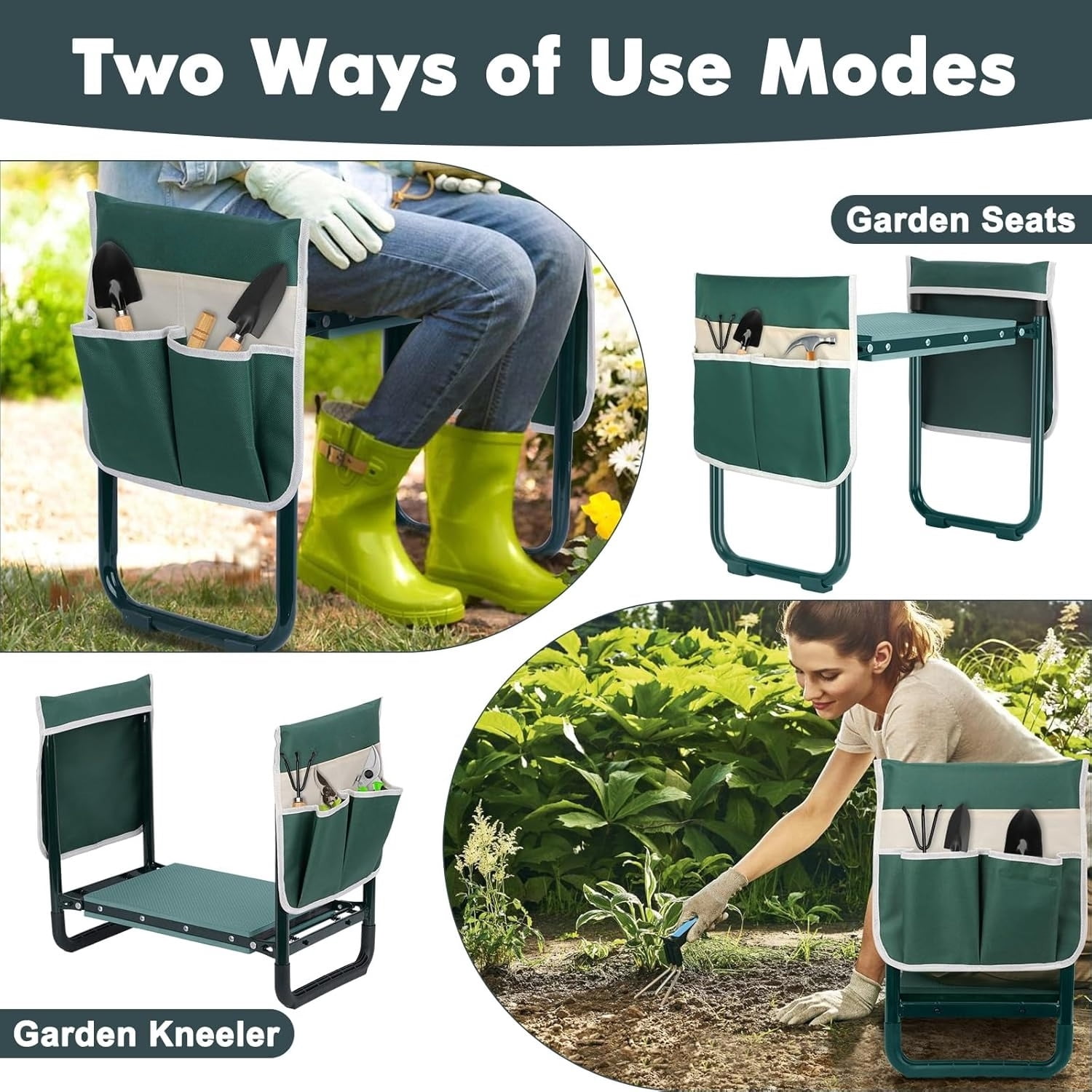 Garden Kneeler and Seat, Upgraded Foldable Gardening Stool with 10.23" Wide Kneeling Pad, Heavy Duty Gardening Bench Chair with 2 Tool Pouches, Gardening Gifts for Seniors Mom Women Men