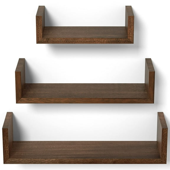 U-Shaped Floating Shelves Set of 3, Solid Wood Wall Shelves for Bedroom Living Room Kitchen, Dark Brown