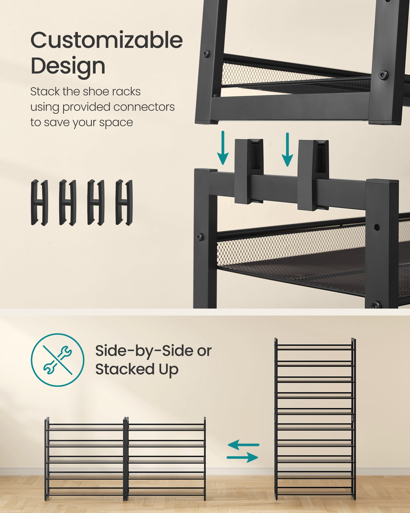 10-Tier Metal Shoe Rack, Stackable Shoe Shelf Organizer with Adjustable Flat/Angled Shelves, Holds 40-50 Pairs, Black