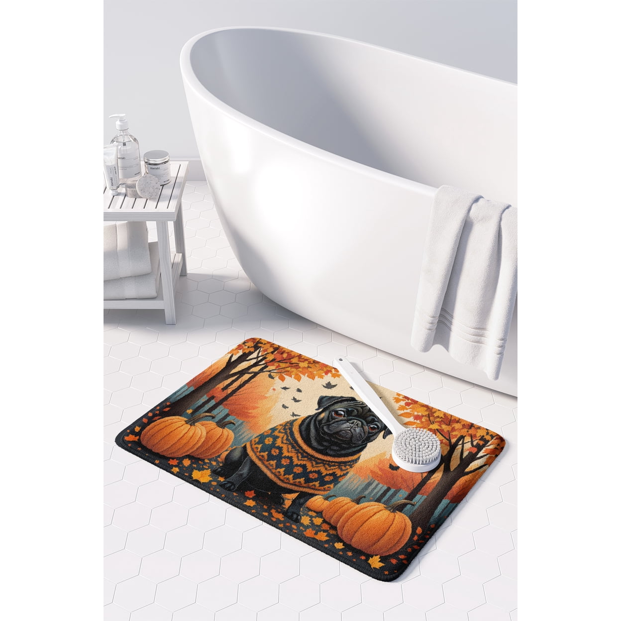 Carolines Treasures DAC1064RUG 19 x 27 in. Unisex Black Pug Fall Memory Foam Kitchen Mat