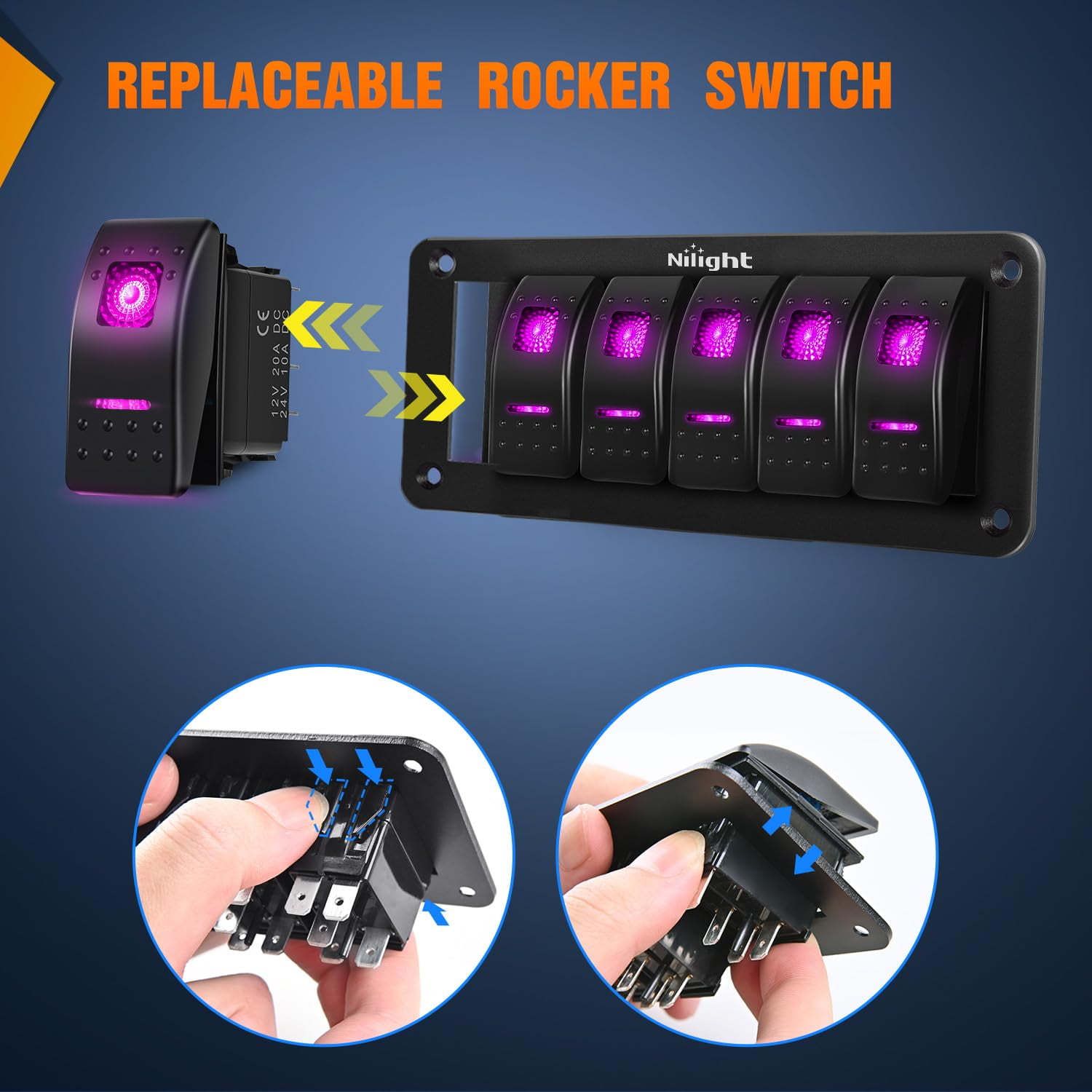 Nilight 6 Gang Rocker Switch Panel with Purple LED Light 5 Pin On Off Pre-Wired Aluminum Toggle Switches Waterproof for 12V/24V Cars Marine Boats ATVs Trailers RV Trucks