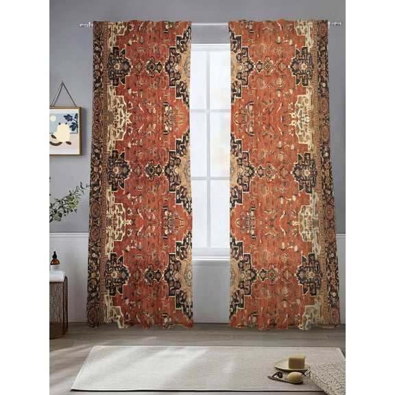 Dark Brown Black Floral Sheer Curtains 2 Panels Set, 52" W x 84" L Medieval Ethnic Turkish Retro Light Filtering Rod Pocket Voile Drapes, Window Sheer Curtains for Living Room/Bedroom