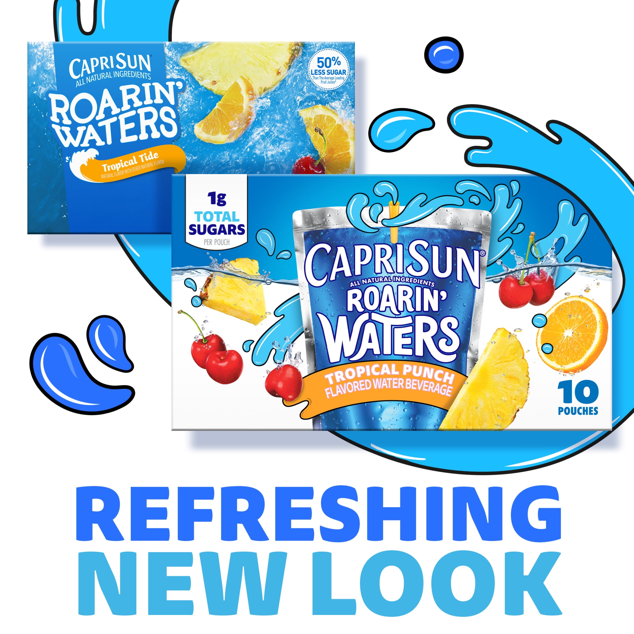 (4 pack) Capri Sun Roarin' Waters Tropical Punch Flavored with other natural flavor Water Beverage, 40 ct Pack, 4 Boxes of 10 Drink Pouches