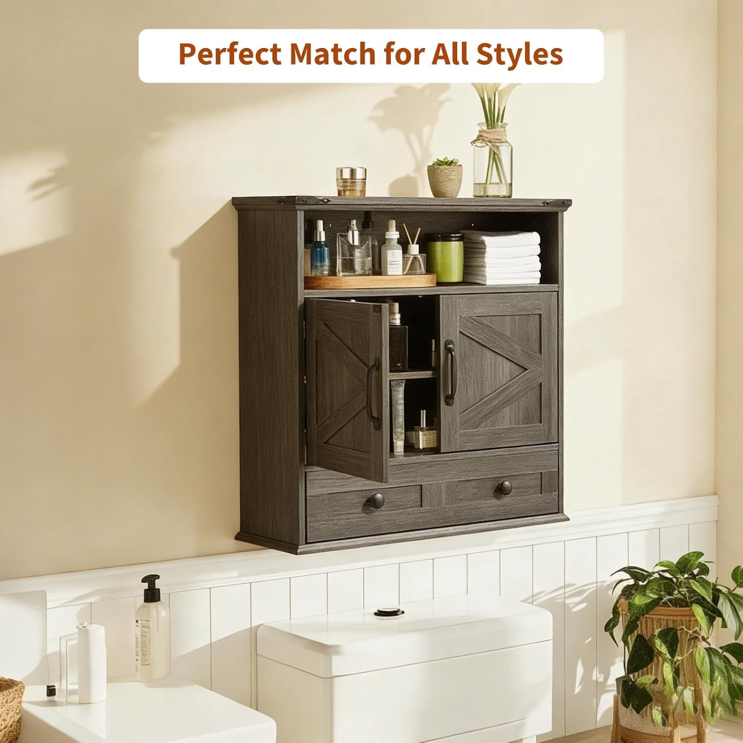 25" Wide Wall-Mounted Bathroom Cabinet with Barn Doors, Over-Toilet Storage with Adjustable Shelf & Drawer, Hanging Cabinet for Bathroom, Kitchen, Laundry, or Entryway