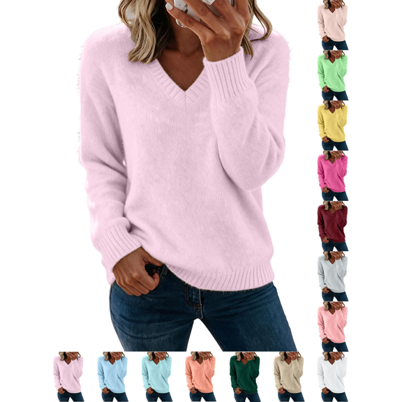 Liuinsasek Womens Fuzzy Sweater Fashion Casual V-Neck Oversized Long Sleeve Soft Fluffy Knit Pullover Top for Fall/Winter Lounge Outfits