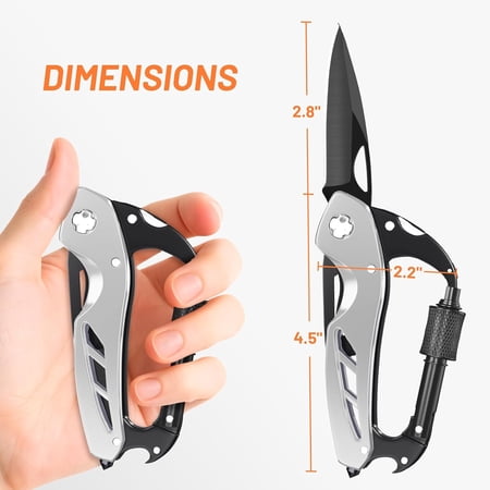 UYGDUY-9 in 1 Multitool Carabiner Pocket Knife for Men EDC Carabiner Knife Bottle Opener and Screwdriver Survival Gear for Camping Hiking Gifts for Men Stocking Stuffers Gifts for Him and Her (Silv