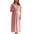 thumbnail image 2 of UKHCCC Women's Maternity Maxi Dress, Short Sleeve Crew Neck A-Line Waffle Texture Stretchy High Waist Long Dress for Casual Pregnancy Wear, 2 of 9