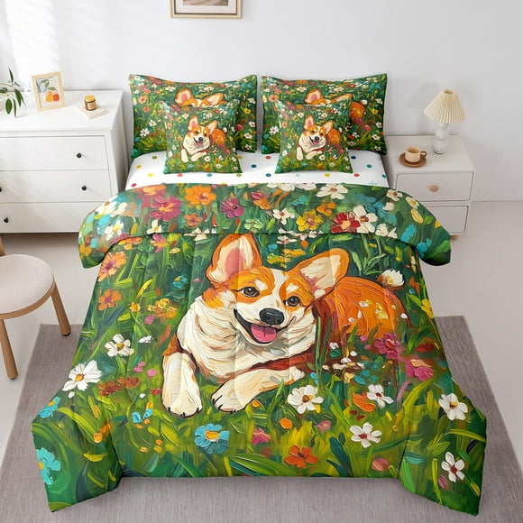 Erosebridal Dog Corgi Bedding Queen Size,Spring Garden Bedding Sets Queen Size,Floral Bedroom Decor,Reversible,Super Cozy,7pcs
