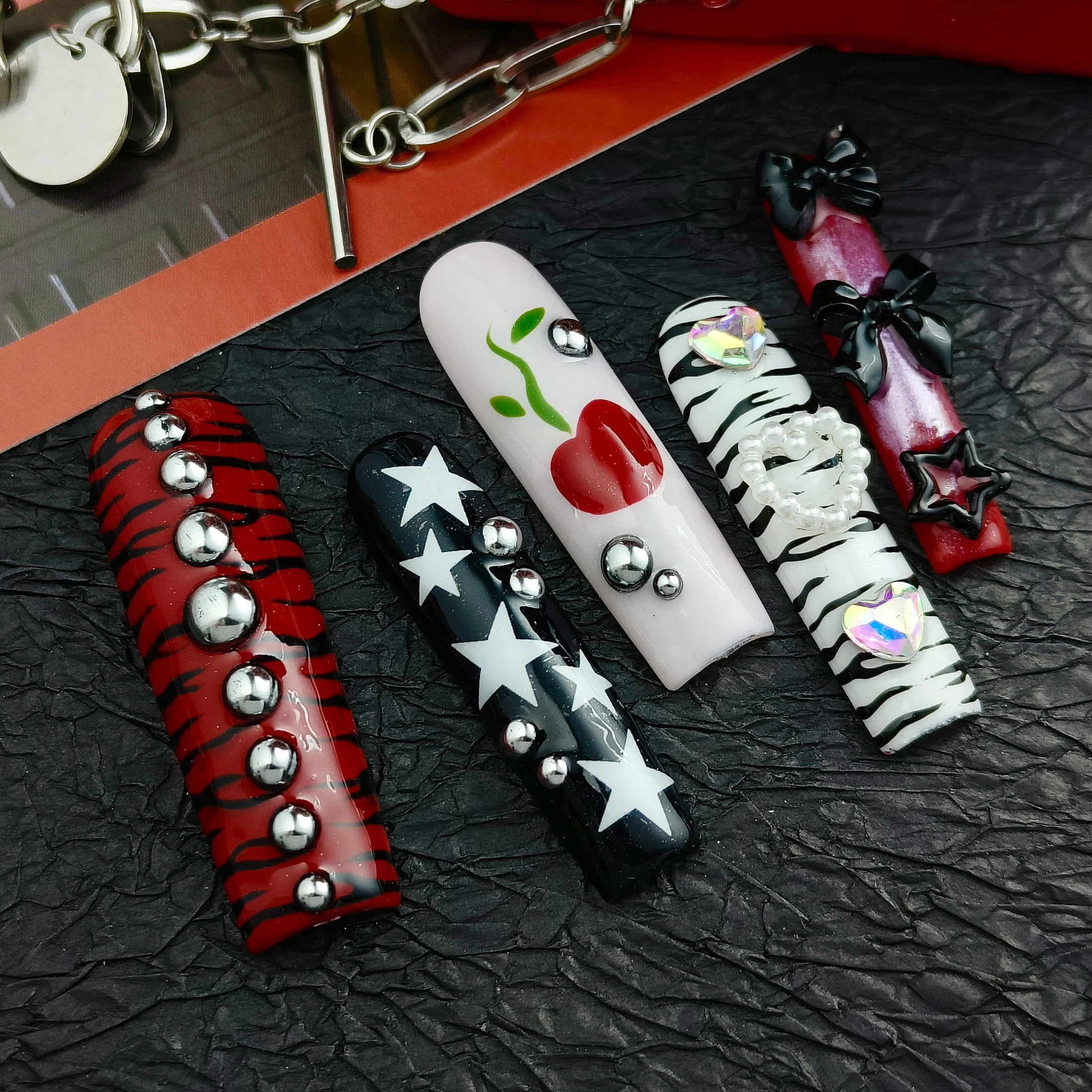 10pcs Square Long Handmade Y2K Nails - Black White Red Pink Designs, 3D Stars, Hearts, Bows & Rhinestones, Summer Cool Edgy Goth Press On Nails