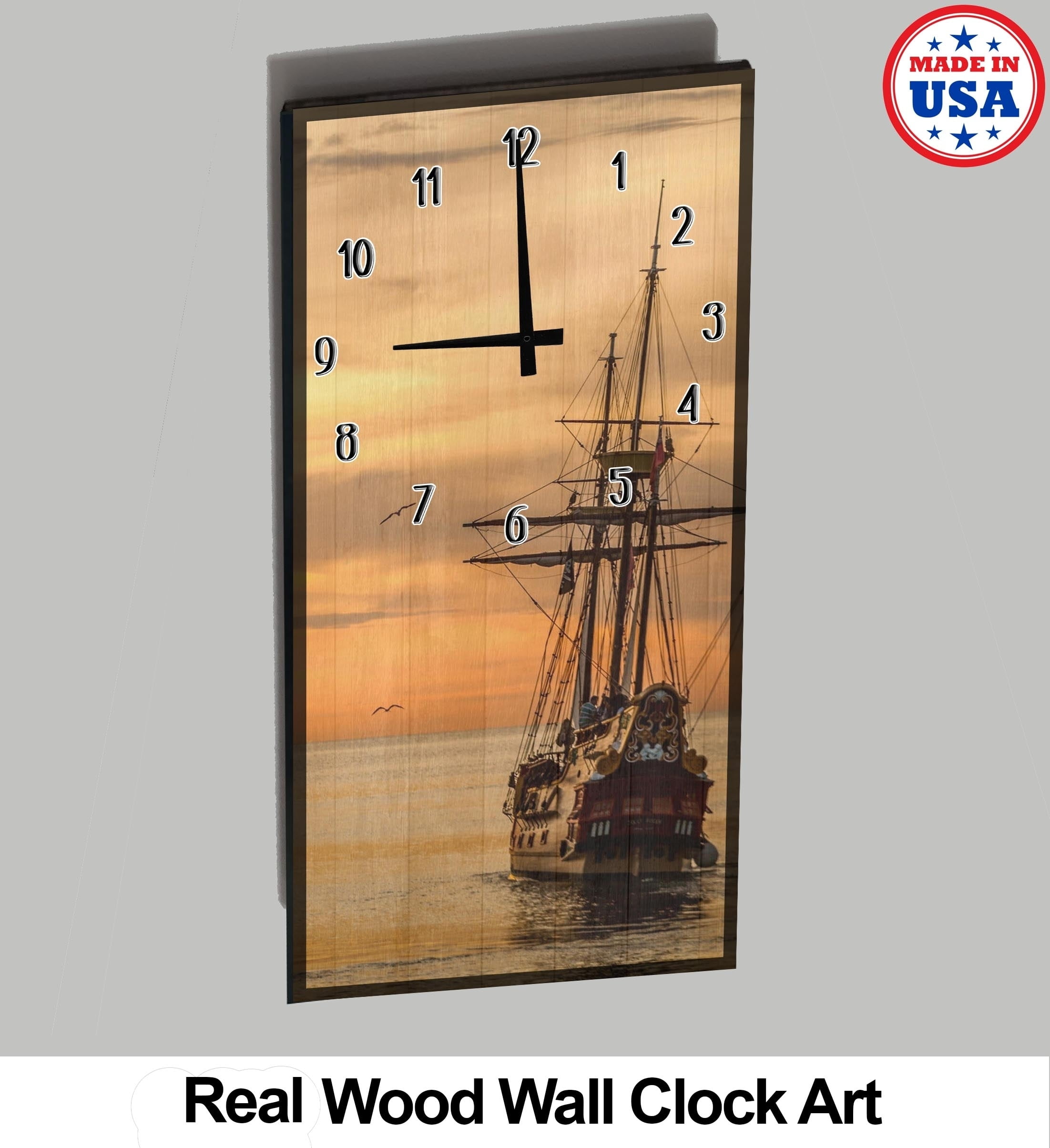 Ocean Wall Clock Pirate Ship Sailing Off Into The Sunset Wood Wall Art