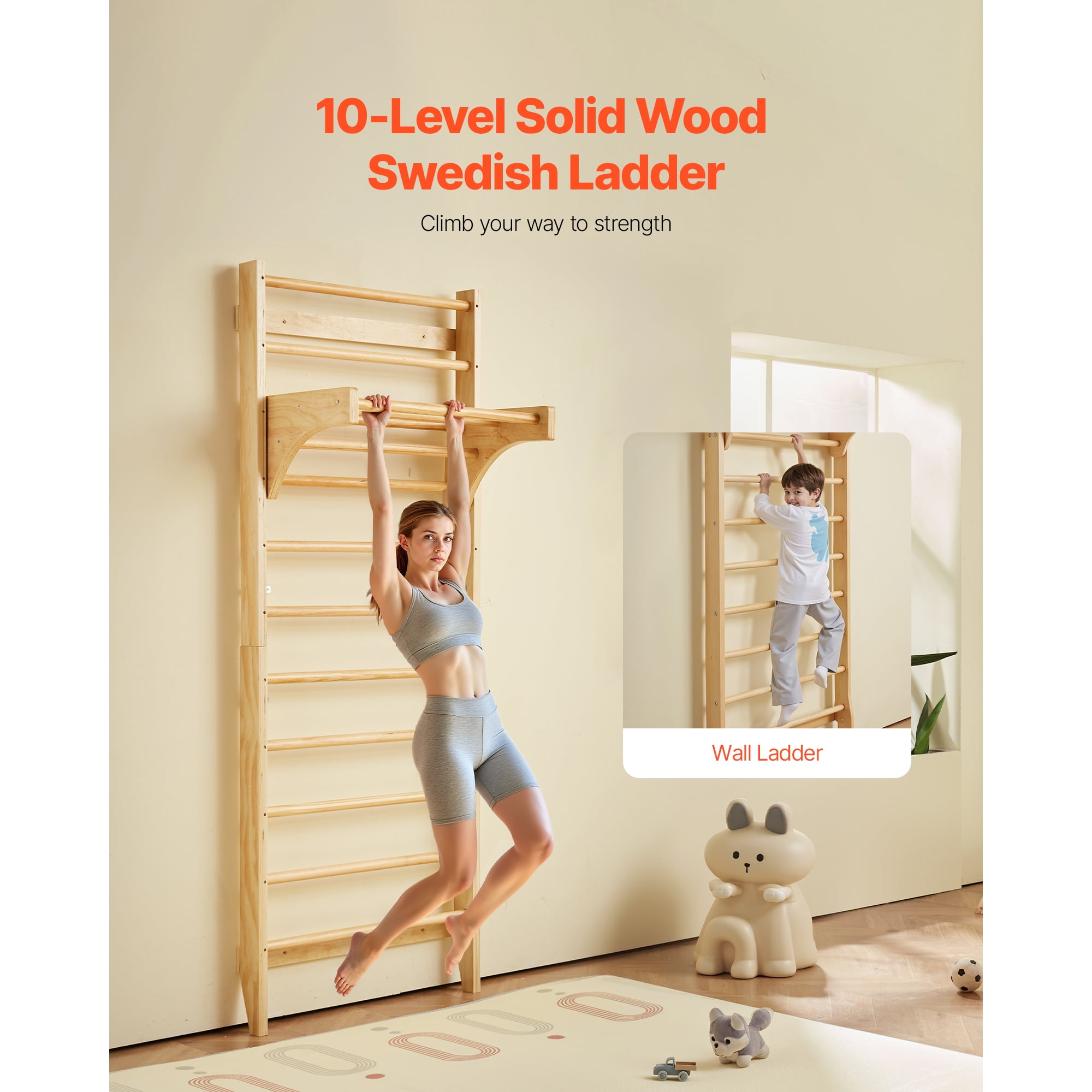 KFFKFF Swedish Ladder Wall Gym Gymnastic Stall Bars with Pull‑Up Bar for Ages Kids 3+ and Adults 1 x Swedish Ladder Wall Gym, 1 x User Manual