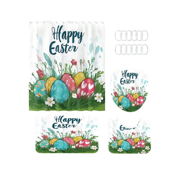 4 Pcs Easter Bunny Shower Curtain Sets,Non Slip Rugs Toilet Lid Cover Bath Mat,Easter Bathroom Shower Curtain for Bathroom Spring Decorations Farmhouse Home Decor