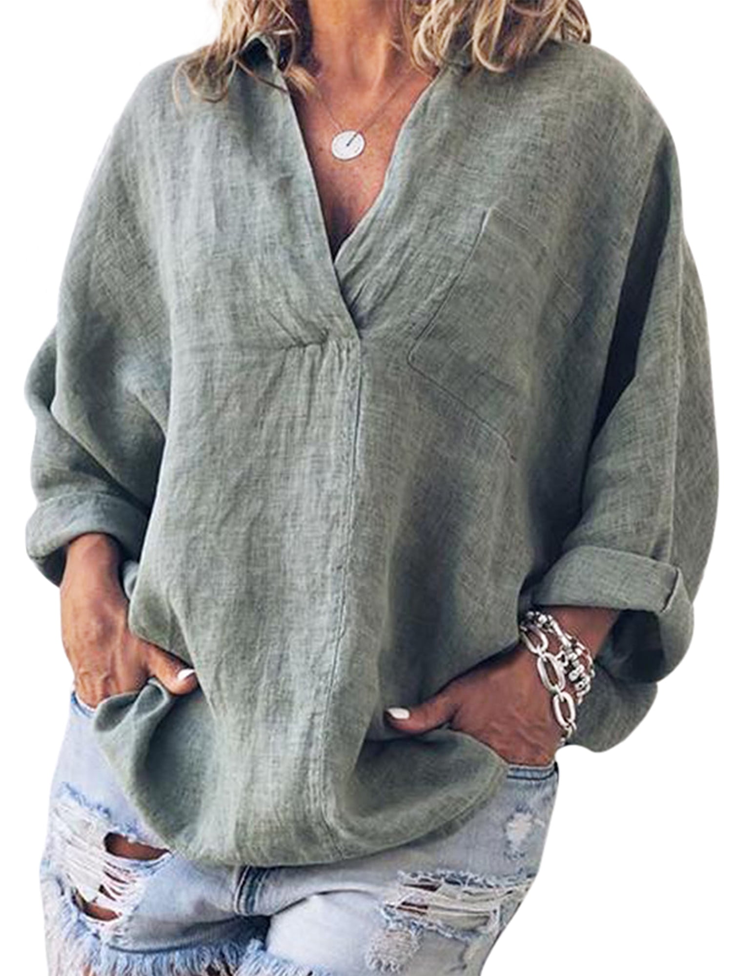 Women Plus Size Peasant V Neck Blouses Roll Up Long Sleeve Baggy ...