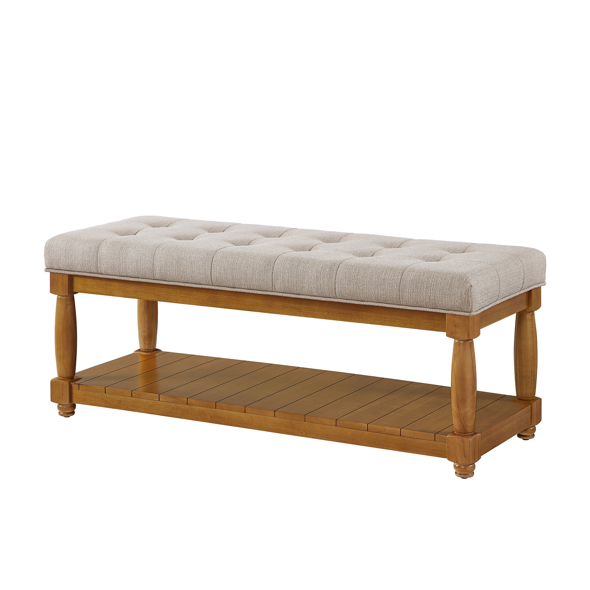 Upholstered Linen Bench with Storage Shelf - Tufted Ottoman Bench for Bedroom Entryway Living Room, Solid Wood Spindle Legs Accent Furniture