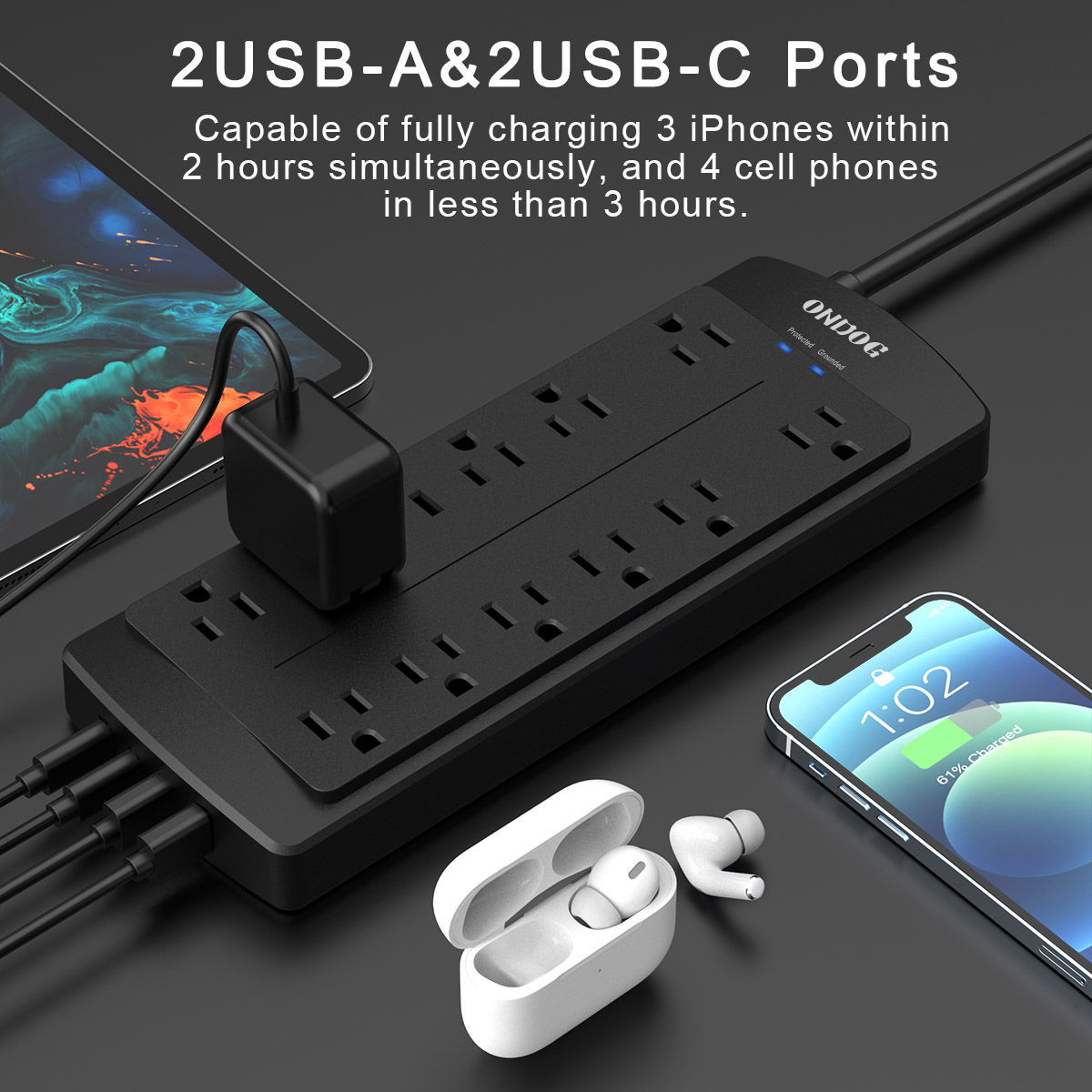 ONDOG 12-Outlet Power Strip, 4 USB Ports, 6 Feet photo 3