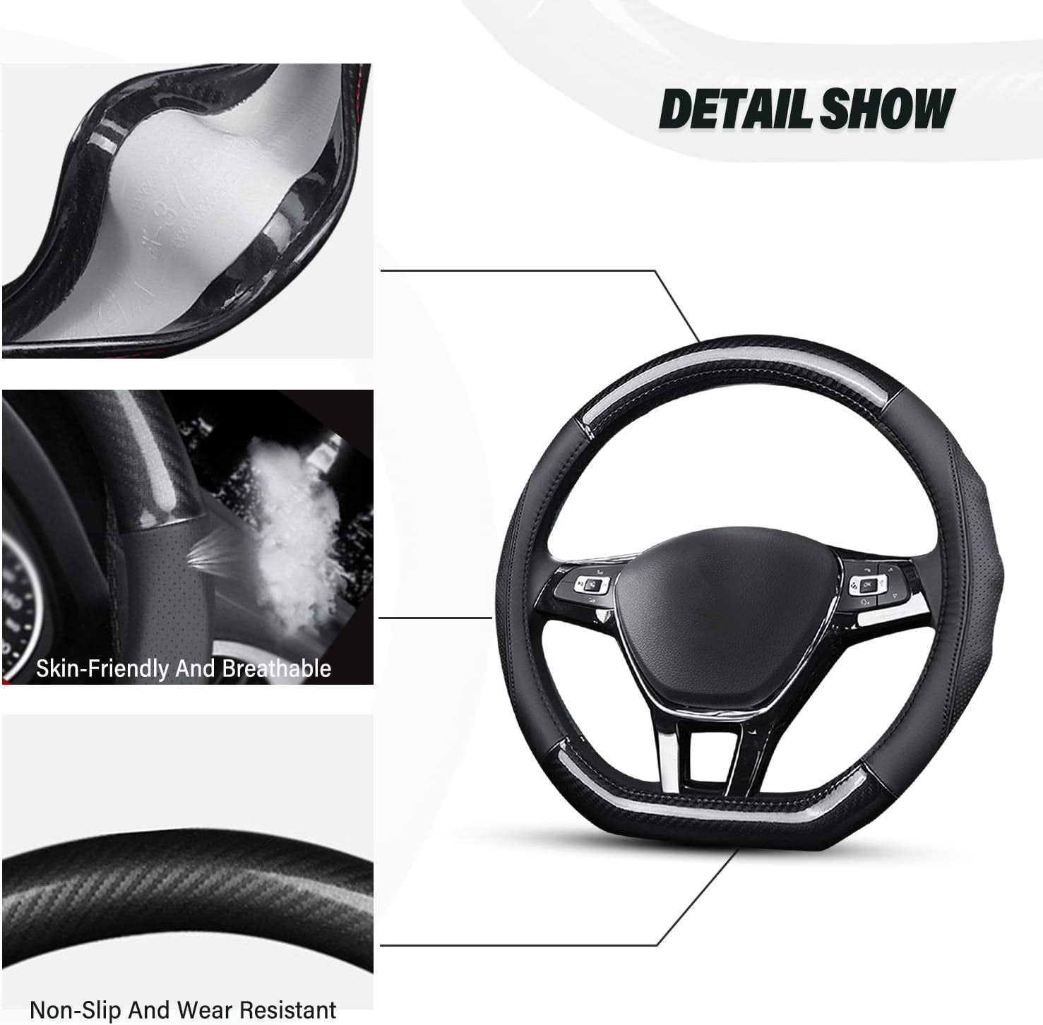 D-Shape Car Steering Wheel Cover Non-Slip Car Steering Wheel Protector Universal for Diameter 38cm, Black