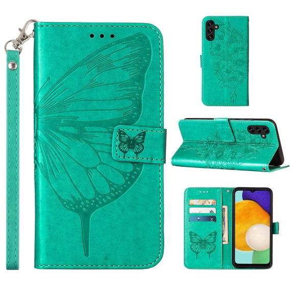 Galaxy A15 Case, Magnetic Folio Butterfly Patterned Wallet Case, Premium PU Leather with Wrist Strap Credit Card Holder Slots Kickstand Protective Cover For Samsung Galaxy A15, Green