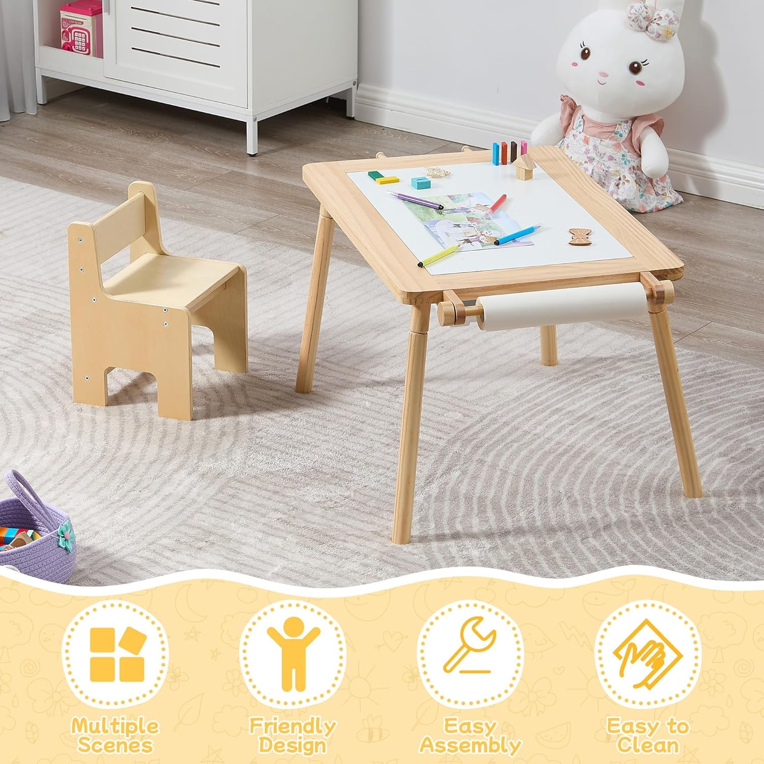 Sensory Table and Chair for Toddlers 2-8, Wood Kids Activity Table with Storage Bins, Toddler Play Table with Roll Holder for Drawing Paper, Kids Art Tables with Double-Sided Graffiti