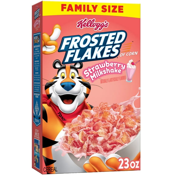 Kellogg's Frosted Flakes Cold Breakfast Cereal, 8 Vitamins and Minerals, Kids Snacks, Family Size, Strawberry Milkshake, 23oz Box (1 Box)