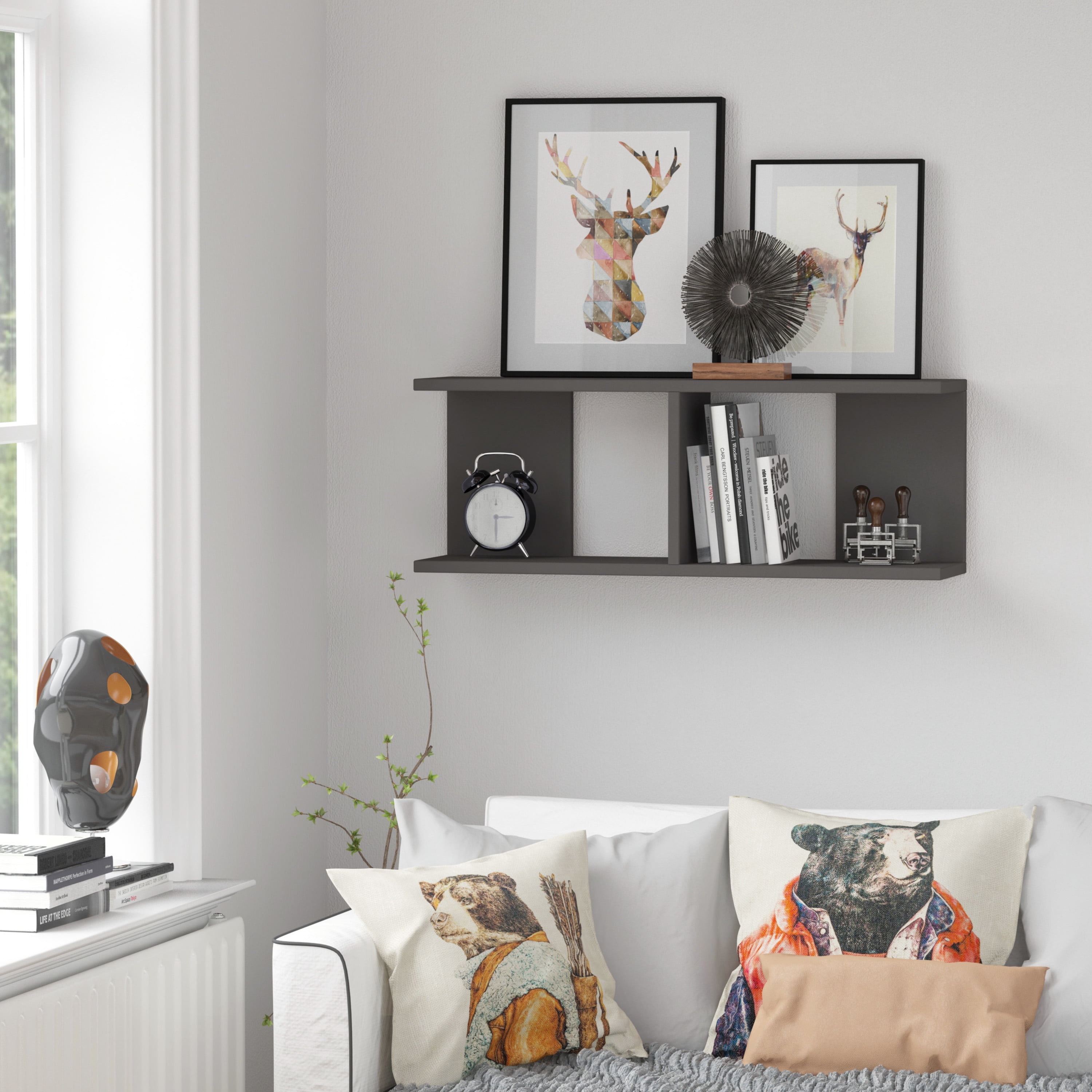 Ada Home Decor Furniture 32.28" 2 Tier Anthracite Warwick Modern Wall Shelf