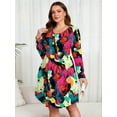 thumbnail image 2 of SHOWMALL Plus Size Long Sleeve Printed A-Line Dress, Multicolored 3X Soft Stretch Scoop Neck with Pockets, Travel/Work/Dating, 2 of 9