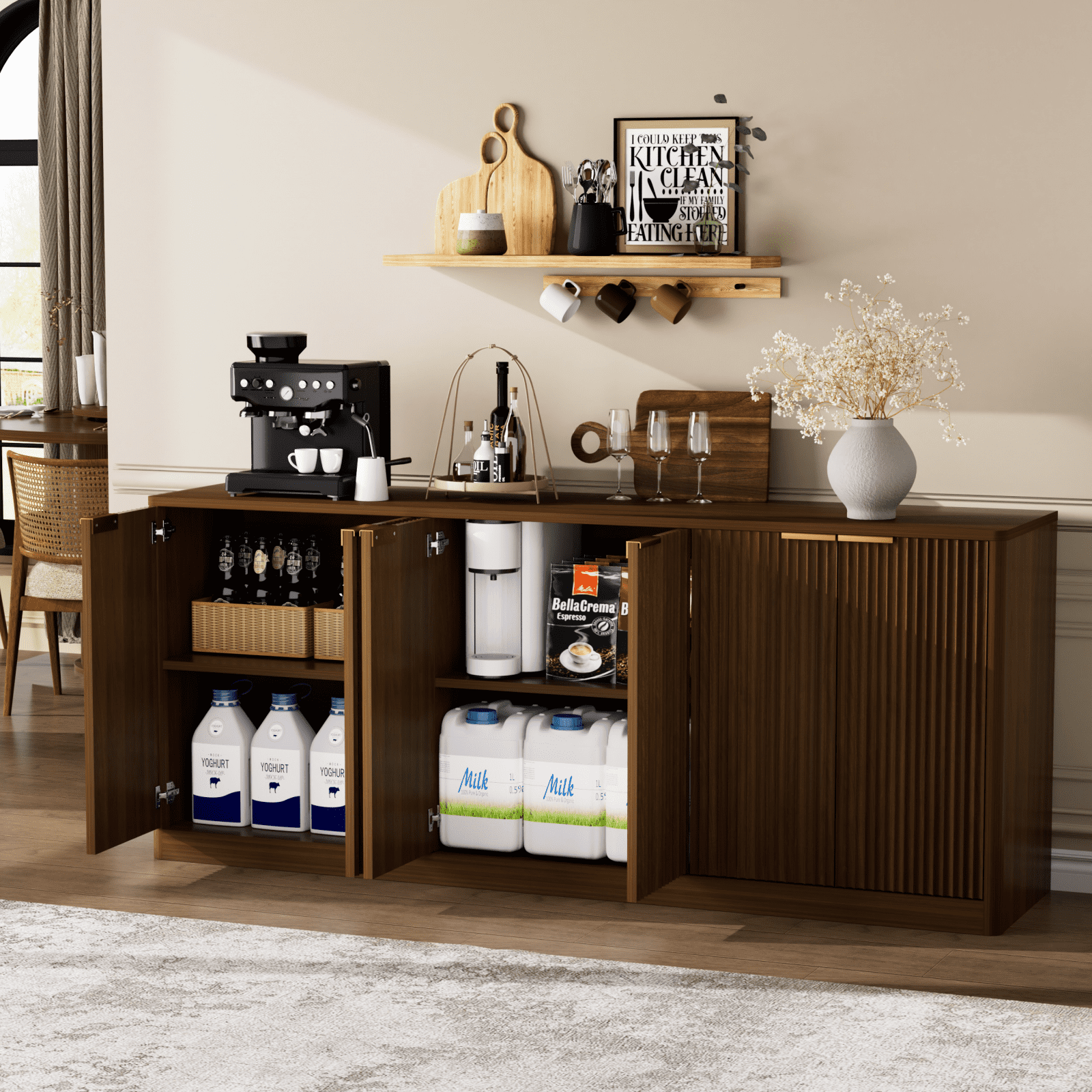 TrumanPick 67" Fluted Walnut Buffet Cabinet Sideboard with Storage, Large Credenza with 6 Doors, Wood Mid Century Modern Sideboard for Kitchen Living Room