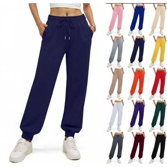 Women's Fleece Lined Sweatpants Thermal Winter High Waisted Sweat Pants Interior Drawstring Baggy Jogger Pants Navy XL