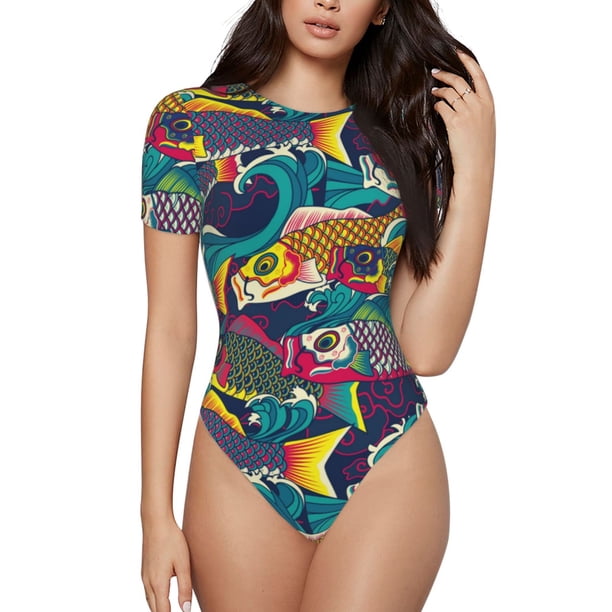 Balery Colorful Carp Streamer Body de cuello redondo de manga corta para mujer Tops de manga corta Tops básicos-X-Large