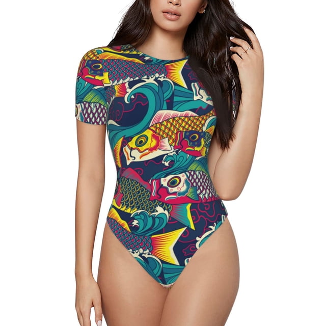 Fotbe Colorful Carp Streamer Body de Mujer con Cuello Redondo y Mangas Cortas, Sin Mangas Ajustado, Suave, Cómodo y Básico-X-Large