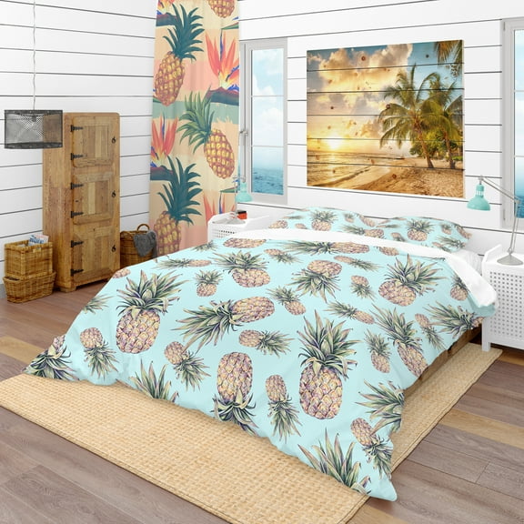 Designart 'Pineapples on a Light Blue Background' Tropical Duvet Cover Set