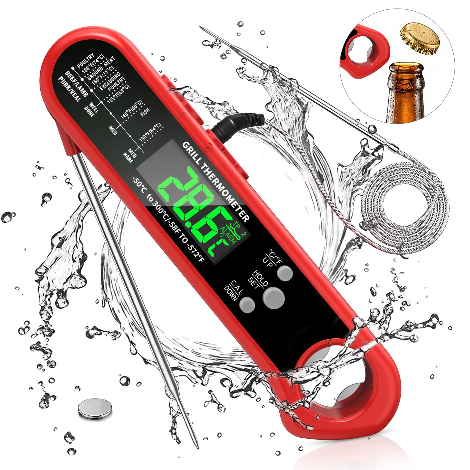 Arenviy Meat Thermometer Digital, Dual Probe Instant Read Food Thermometer with Large LCD Screen, Cooking Thermometer with Temp Alarm & Bottle Opener for BBQ Grilling