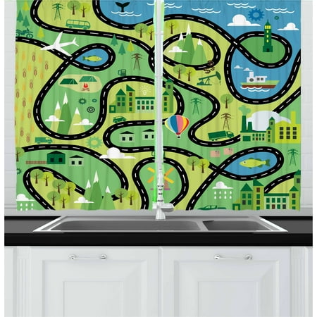 Coastal Style Living Room Ideas Boy's Curtains 2 Panels Set, Aerial View of Coastal Suburbs with Roads Cartoon Style Hot Air Balloon Windmill, Window Drapes for Living Room Bedroom, 55W X 39L Inches, Multicolor, by Ambesonne ()