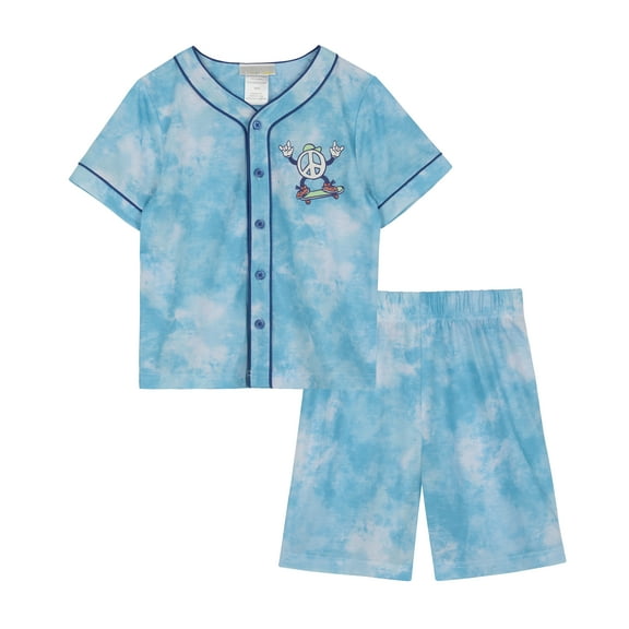 Saint Eve Kids Boys Pajamas, 2 Piece PJ Set Button Down Sport Jersey with Shorts - Aqua Skater