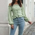 thumbnail image 2 of Yzengfg Women's Solid Color Front Tie Sleeve Off Shoulder Waist Short Chiffon Top Long Sleeve Blouse Green, 2 of 4