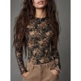 thumbnail image 3 of Women's  Floral  Top Mock Neck Long Sleeve Fitted Slim Fit Stretchy Sheer  for Fall Winter Layering Office Commute Date Night Outfits, 3 of 7