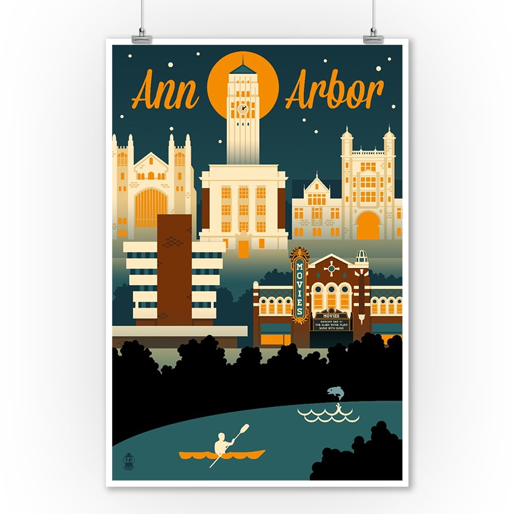 Ann Arbor, Michigan Retro Skyline Lantern Press Artwork (9x12 Art