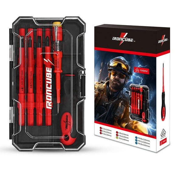IRONCUBE 1000V Electrician Insulated Screwdriver Set, 9-Piece VDE Certified Replaceable Bits with Magnetic Tips