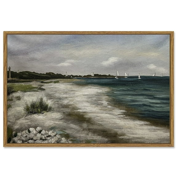 Drsoum Framed 24x36in Coastal Wall Art Vintage Classical Ocean Painting Rural Dining Room Bedroom Living Room Farmhouse Room Decor - Natural Framed